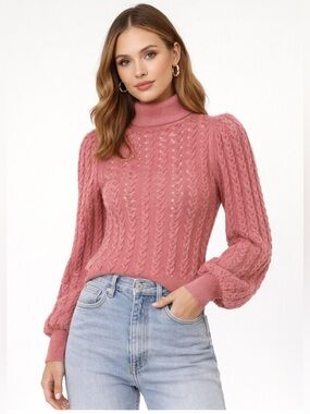 Alice + Olivia Rose Pink Cable Knit Puff-Sleeve Sweater Size S